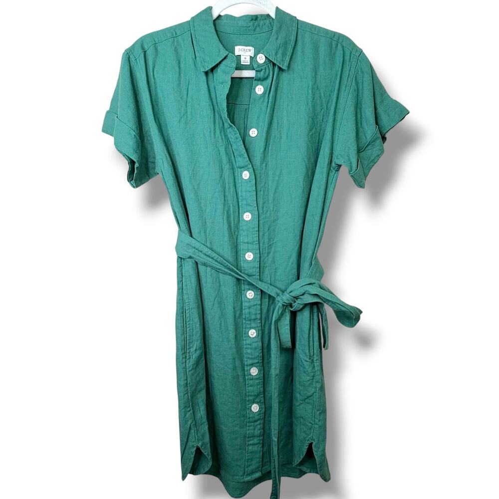 J.Crew Emerald Green Linen Blend Belted Button Front Short Sleeve Shirtdress - Picture 2 of 9